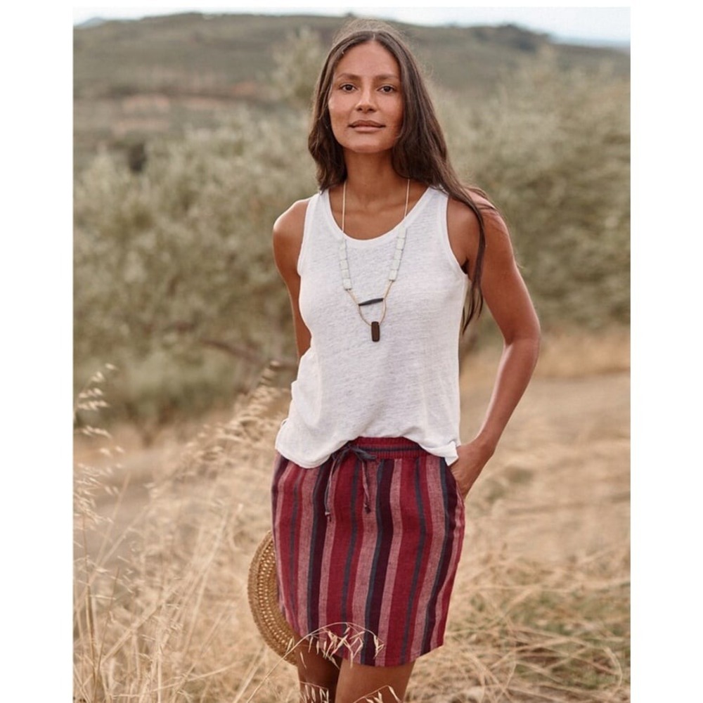 Garnet Hill Easy Linen Pull On Skirt NWT XS Striped Drawstring Pockets‎ Summer